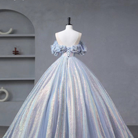 Blue Tulle Sequins Long A-Line Ball Gown - Thumbnail 4