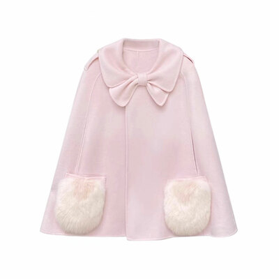 Women's pink bow cape short woolen coat