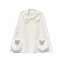 Women's pink bow cape short woolen coat - Thumbnail 2