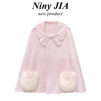 Women's pink bow cape short woolen coat - Thumbnail 1