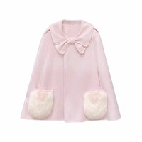 Women's pink bow cape short woolen coat - Thumbnail 4