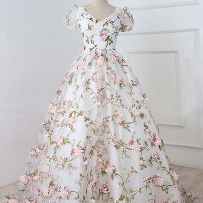 Ball gown white v neck 3d flowers long prom dress,985