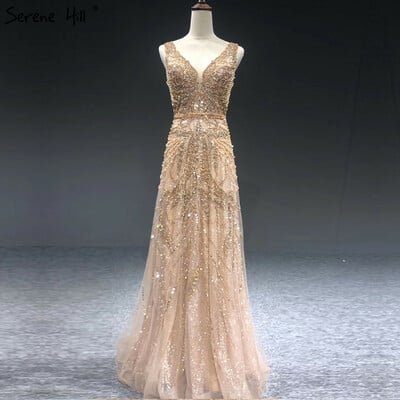 Dubai gold a-line luxury evening dresses v-neck pearls crystal sleeveless fromal gown,987 - Thumbnail 1