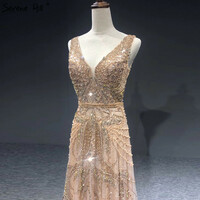 Dubai Gold A-line Luxury Evening Dresses V-neck Pearls Crystal Sleeveless Fromal Gown,987 - Thumbnail 2