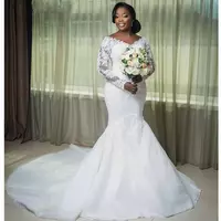 Mermaid Bridal Gowns Luxurious Scoop Neck Illusion Wedding Dresses Long Sleeves Lace Ruched Vestidos De Novia - Thumbnail 1