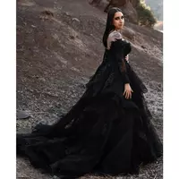 Plus Size Black Wedding Dresses Lace Beaded Sheer V Neck Illusion Long Sleeve Civil Bridal Gown Robe mariee Custom Made Robe De Mariee - Thumbnail 3