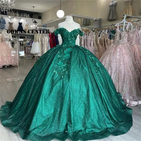 Off The Shoulder Sequins Emerald Green Quinceanera Dresses 3D Flowers - Thumbnail 1