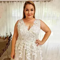 Modest V Neck Wedding Dresses Lace Sleeveless Bridal Gowns Sheer Illusion Appliqued Brides Gowns Plus Size Robe De Mariee Custom Made - Thumbnail 1