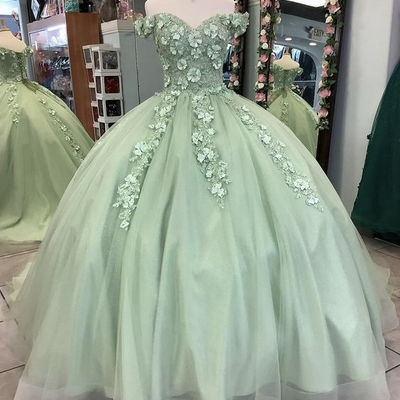 Sage green off shoulder quinceanera dresses applique sweet 15 dress