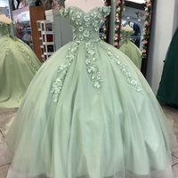 Sage Green Off Shoulder Quinceanera Dresses Applique Sweet 15 Dress - Thumbnail 1