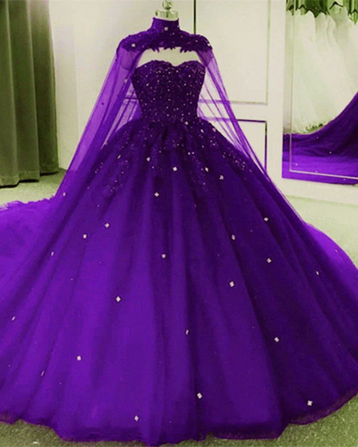 Dark Purple Quinceanera Dress Tulle Ball Gown Wedding Dress With Cape