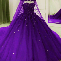 Dark Purple Quinceanera Dress Tulle Ball Gown Wedding Dress With Cape - Thumbnail 1