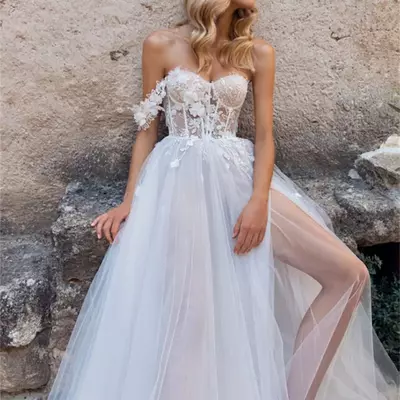 One-shoulder tulle wedding dresses bride 3d-floral appliques classic split front sweetheart trendy a-line - Thumbnail 2