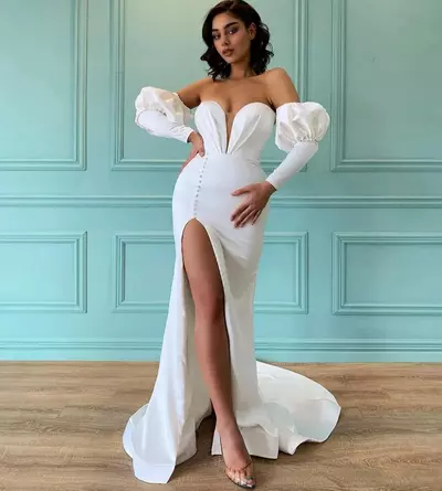 Designer Mermaid Wedding Dress Bridal Gown Sweetheart Puffy Sleeves Button Split Satin Custom Made Abendkleider Vestidos De NoviaCrystals