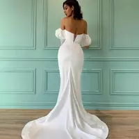 Designer Mermaid Wedding Dress Bridal Gown Sweetheart Puffy Sleeves Button Split Satin Custom Made Abendkleider Vestidos De NoviaCrystals - Thumbnail 1