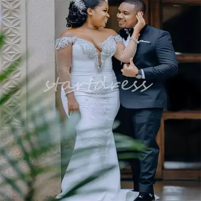 Crystal plus size mermaid wedding dress off shoulders illusion long sleeve south african bridal gowns bride dress  - Thumbnail 1