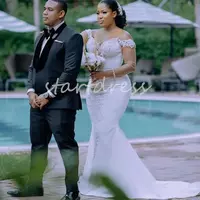 Crystal Plus Size Mermaid Wedding Dress Off Shoulders Illusion Long Sleeve South African Bridal Gowns Bride Dress  - Thumbnail 1