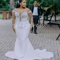 Crystal Plus Size Mermaid Wedding Dress Off Shoulders Illusion Long Sleeve South African Bridal Gowns Bride Dress  - Thumbnail 2