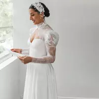 High Slit A Line Wedding Dresses for Women Lace Jacket Sweetheart Bridal Gown Pleat Satin Garden Vestidos De Novia - Thumbnail 3