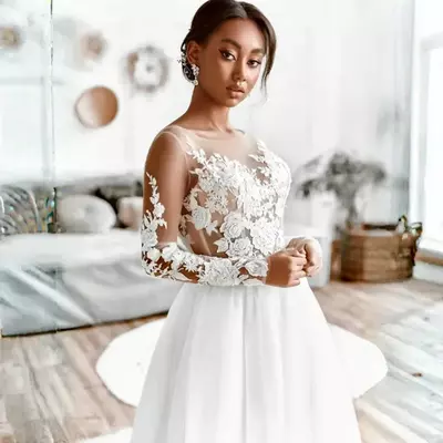 Sheer neck country wedding dresses illusion tulle lace covered button beaded bridal gowns dress for bride - Thumbnail 3