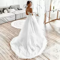 Sheer Neck Country Wedding Dresses Illusion Tulle Lace Covered Button Beaded Bridal Gowns Dress for Bride - Thumbnail 1