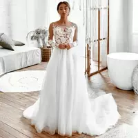 Sheer Neck Country Wedding Dresses Illusion Tulle Lace Covered Button Beaded Bridal Gowns Dress for Bride - Thumbnail 3