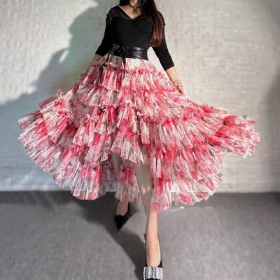 Women high low layered tulle skirt floral pattern tulle maxi skirt wedding party maxi skirt outfit - Thumbnail 2