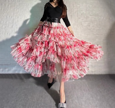 Women High low Layered Tulle Skirt Floral Pattern Tulle Maxi Skirt Wedding Party Maxi Skirt Outfit