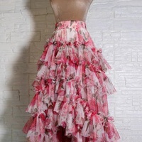 Women High low Layered Tulle Skirt Floral Pattern Tulle Maxi Skirt Wedding Party Maxi Skirt Outfit - Thumbnail 6