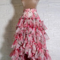 Women High low Layered Tulle Skirt Floral Pattern Tulle Maxi Skirt Wedding Party Maxi Skirt Outfit - Thumbnail 7