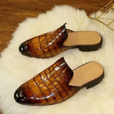 Handmade alligator textured leather mules, men leather dress slippers, crocodile cow leather shoes men