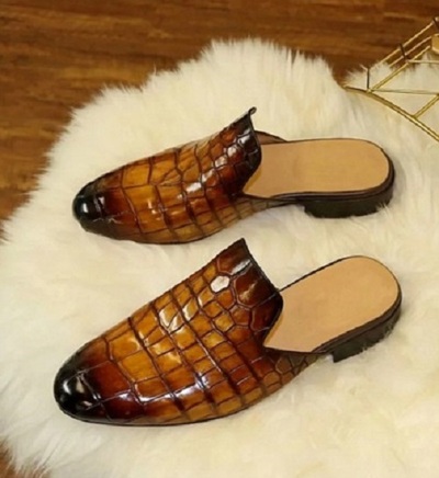 Handmade Alligator Textured Leather Mules, Men Leather Dress Slippers, Crocodile Cow Leather Shoes Men