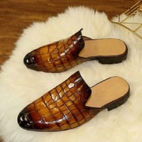 Handmade Alligator Textured Leather Mules, Men Leather Dress Slippers, Crocodile Cow Leather Shoes Men - Thumbnail 1