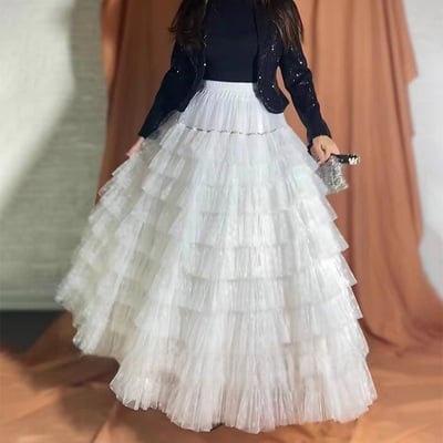 White layered tulle maxi skirt gowns wedding party white tulle skirt holiday outfit high waisted tiered tulle skirt plus size  - Thumbnail 1