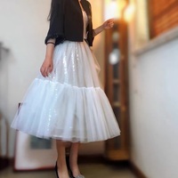 White Layered Tulle Midi Skirt Holiday Outfit White Wedding Party Sequin Tulle Skirt High Waisted Tiered Tulle Skirt Plus Size  - Thumbnail 3
