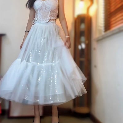 White layered tulle midi skirt holiday outfit white wedding party sequin tulle skirt high waisted tiered tulle skirt plus size  - Thumbnail 1