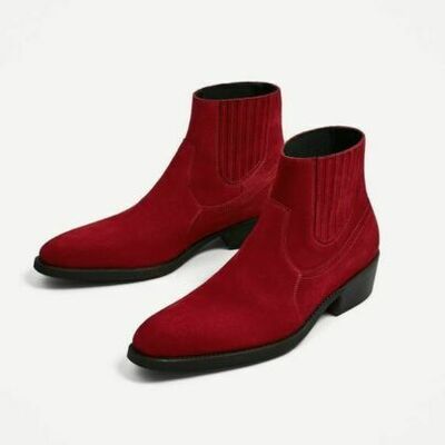 Handmade red genuine suede high ankle rounded toe heel chelsea men boot - Thumbnail 1