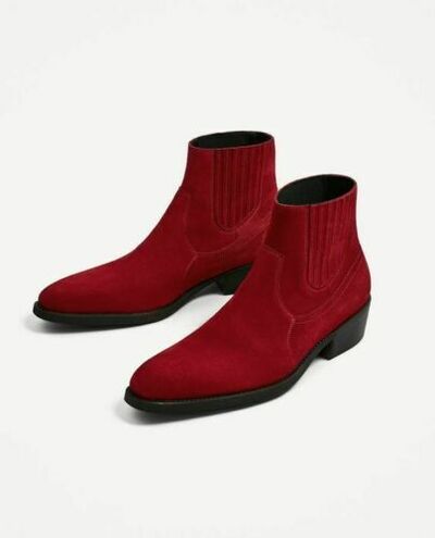 Handmade Red Genuine Suede High Ankle Rounded Toe Heel Chelsea Men Boot