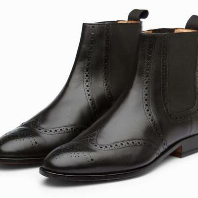 Classic black looks ankle high wingtip handmade oxford style leather boot - Thumbnail 2