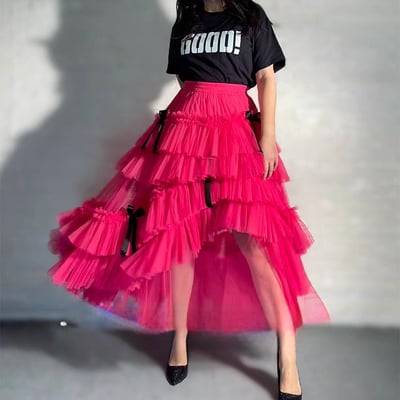 Deep pink high low tulle skirt outfit layered tulle maxi skirt wedding party maxi skirt outfit custom plus size - Thumbnail 1