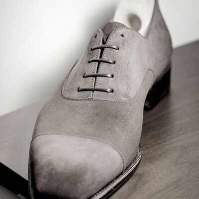 Handmade gray suede cap toe lace up formal shoes, gentlemens choice formal lace up grey suede shoes - Thumbnail 1