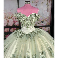 Plus Size 3D Flowers Sage Green Quinceanera Dress with Pearls - Thumbnail 1
