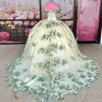 Plus Size 3D Flowers Sage Green Quinceanera Dress with Pearls - Thumbnail 2