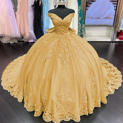 Gold Lace Off Shoulder Quinceanera Dresses Applique With Bow