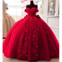 Ball Gown Off Shoulder Red Quinceanera Dresses 3D Floral  Applique - Thumbnail 1