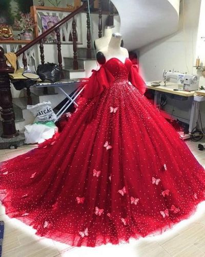 Long Sleeves Red Quinceanera Dresses Ball Gown Prom Dress