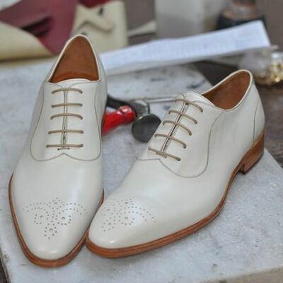 Handmade men white leather shoes, men white party shoes, night out mens leather white shoes - Thumbnail 1
