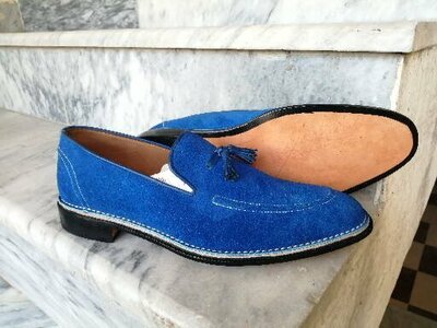 Handmade Blue Suede Tussle Loafers, Blue Tussles Mocassin Mens Formal Wear Loafers