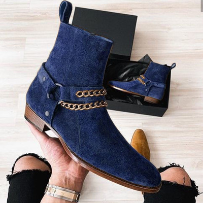 Men's attractive color navy blue suede jodhpurs buckle fashion boot handmade edition - Thumbnail 2