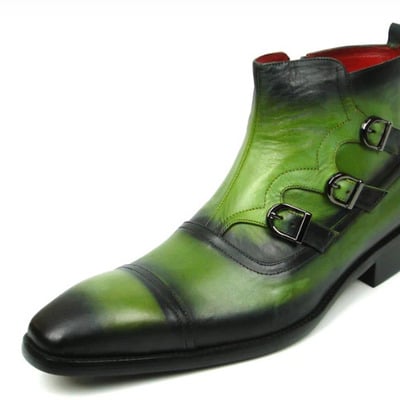 Handmade men's green two tone tripple monk customize buckle formal boot - Thumbnail 1
